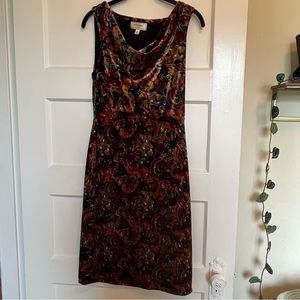 Multicolor velvet anthro midi dress with cowl neck